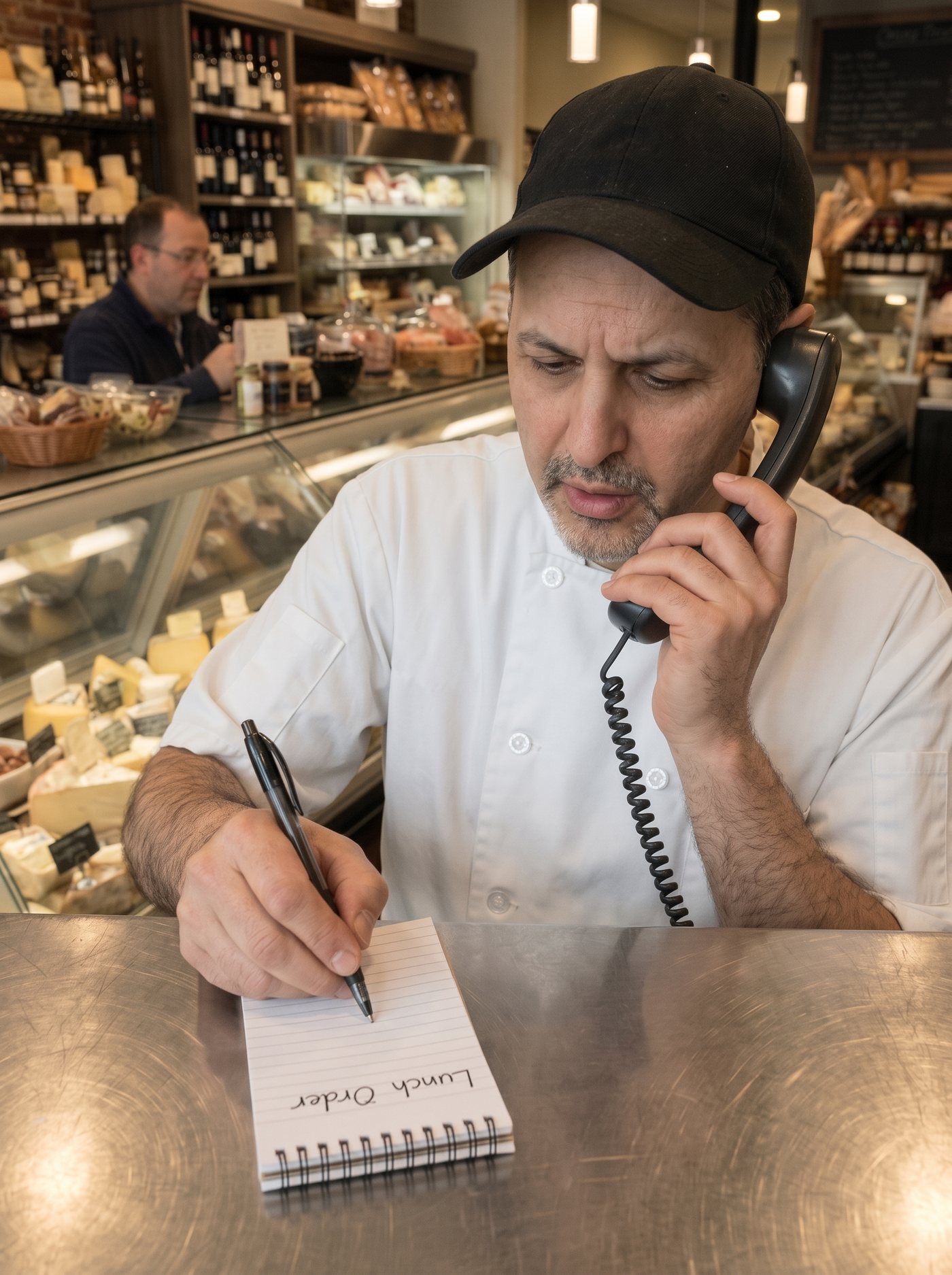 John Liberatore writing down a phone order behind the counter of his Oakville deli