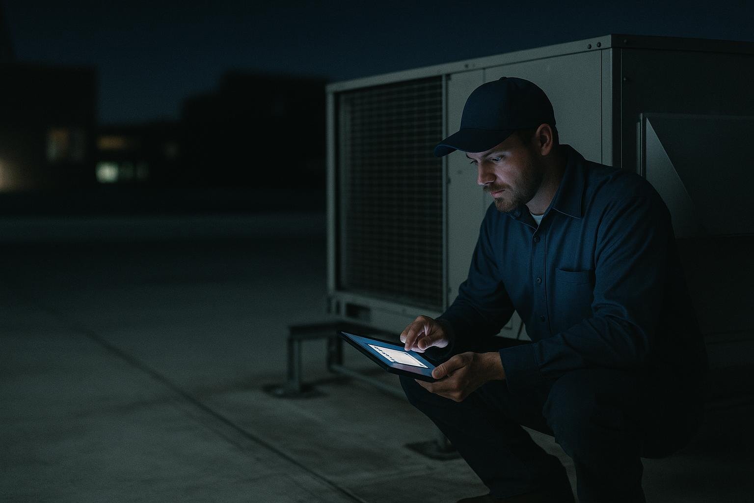 Commercial HVAC technician reviewing a night-time emergency call on a tablet — 24/7 HVAC answering service in action