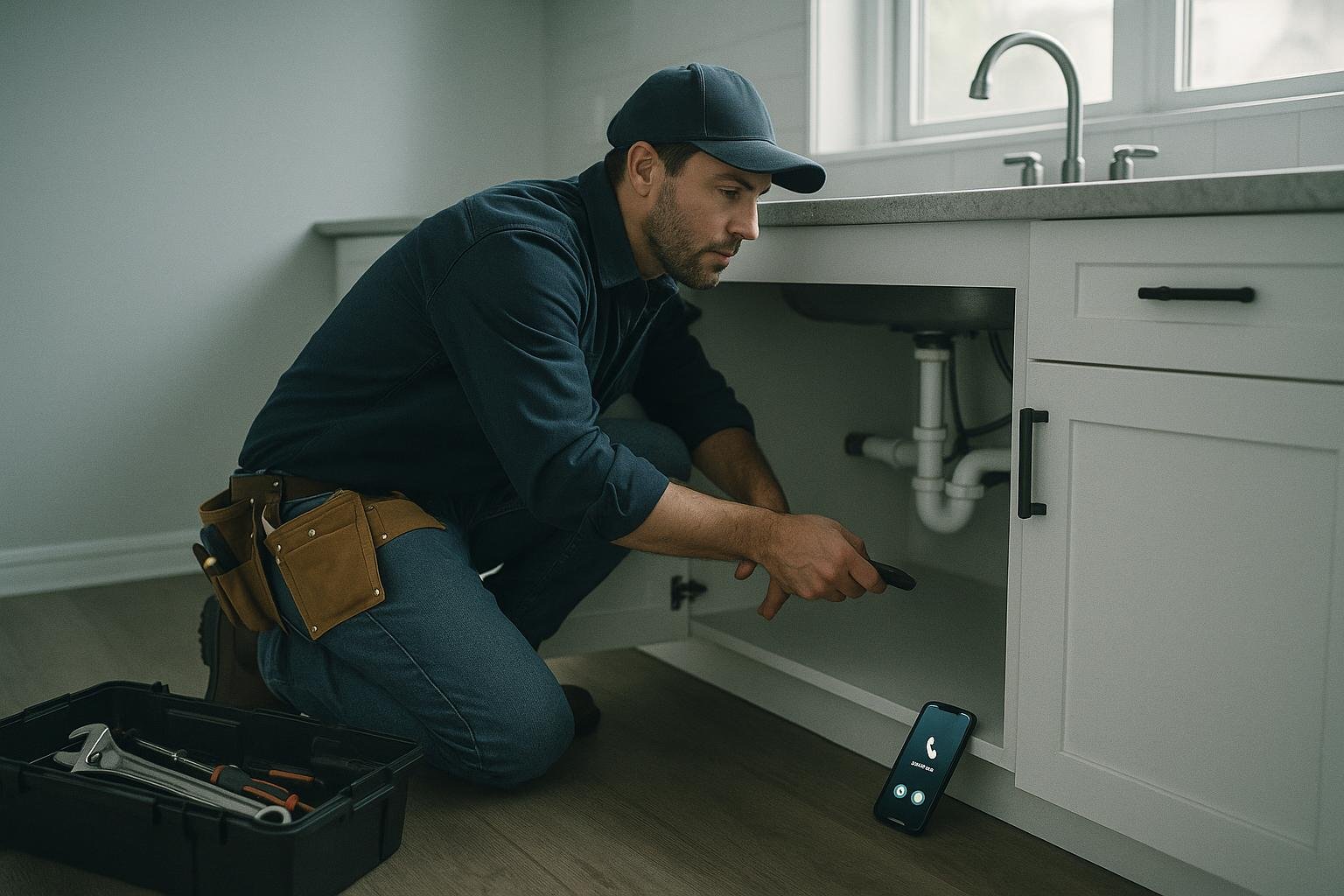 Plumber working under a kitchen sink with an incoming call on their phone — representing how an ai plumbing answering service captures every emergency call automatically