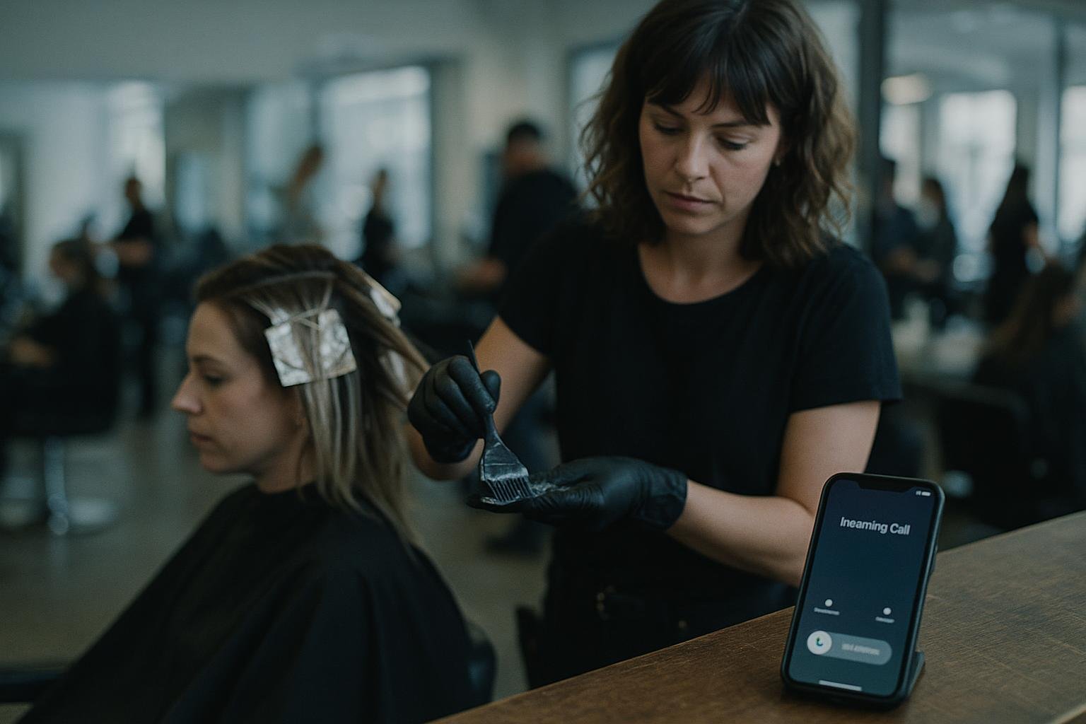 A busy salon where an ai receptionist for salon handles incoming calls while stylists focus on clients at their chairs