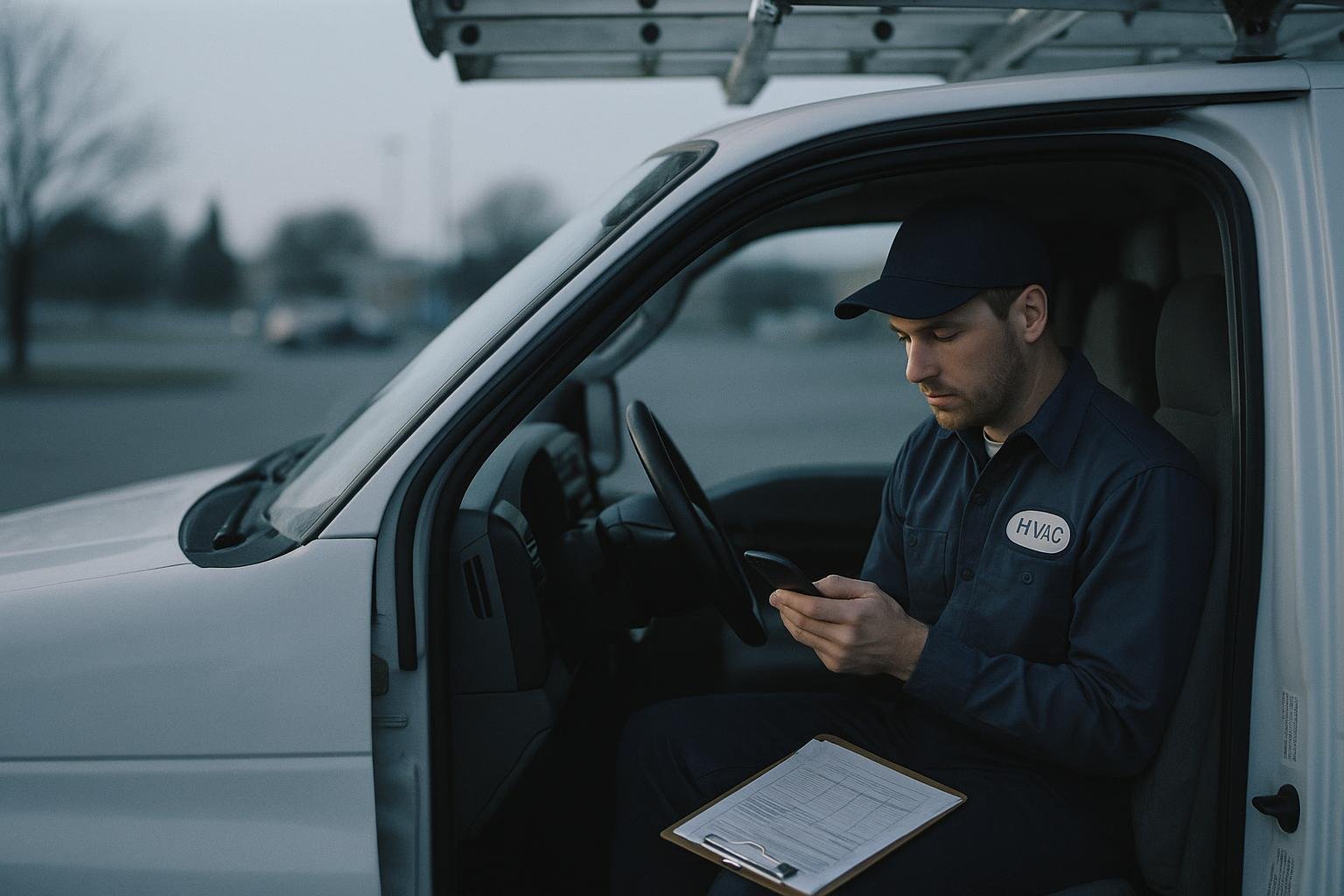 HVAC technician reviewing a missed call on his phone — the moment a commercial HVAC answering service could have protected the account
