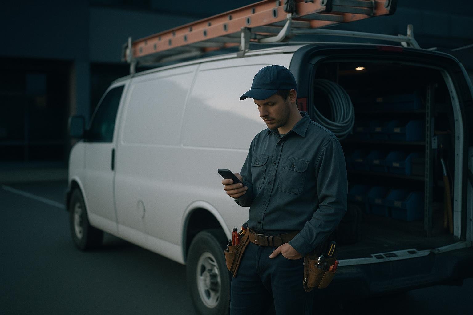 Electrician checking missed calls beside a service van — an AI electrician answering service prevents lost emergency jobs after hours