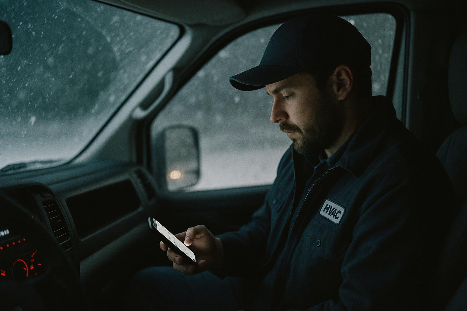 HVAC technician reviewing an emergency call at night — emergency hvac answering service in action