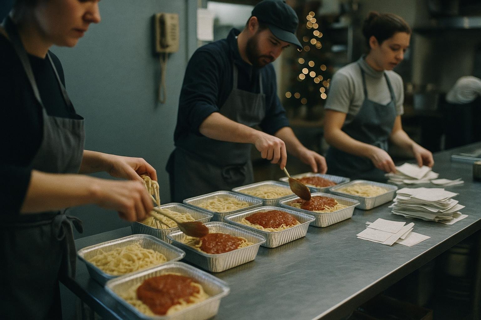 Trays of fresh pasta being packed for catering phone orders in a busy commercial kitchen