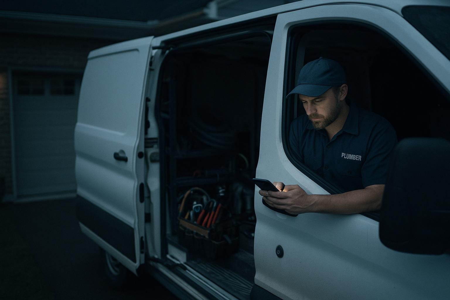 Plumber checking missed calls on his phone at night — illustrating why a plumbing answering service matters after hours