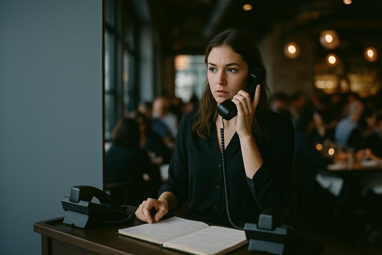 Busy restaurant hostess stand during dinner rush illustrating the need for a restaurant answering service