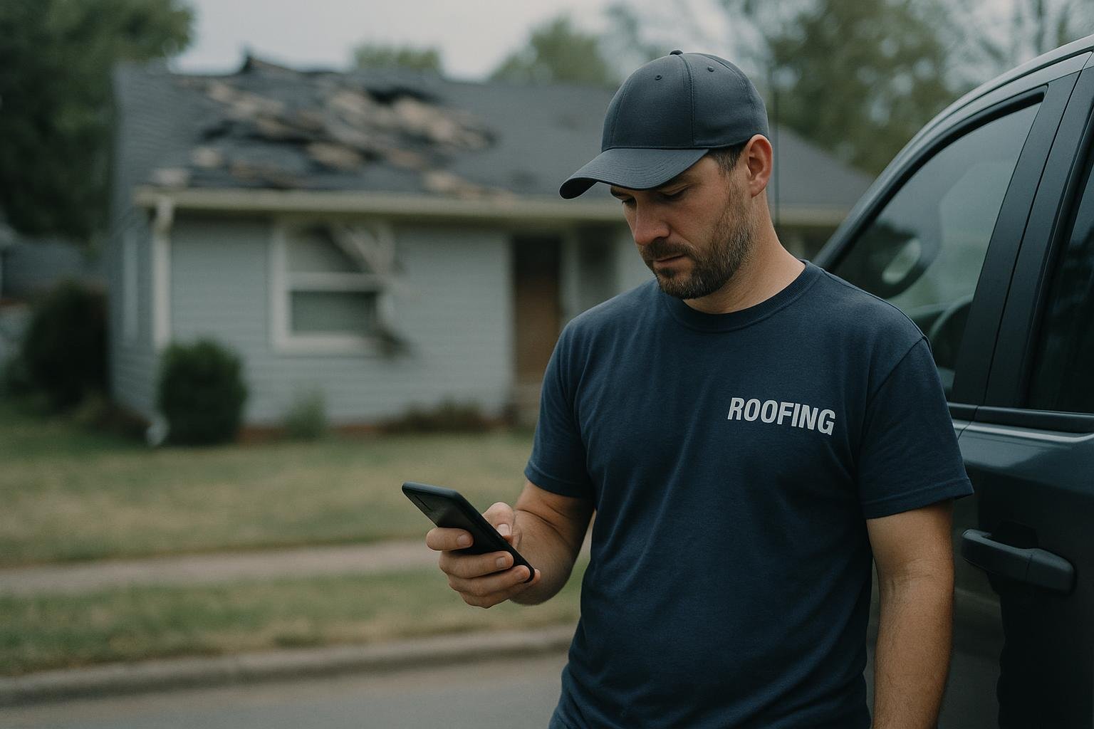 Roofing contractor reviewing missed calls on his phone beside his work truck, illustrating the need for a roofing answering service during storm season