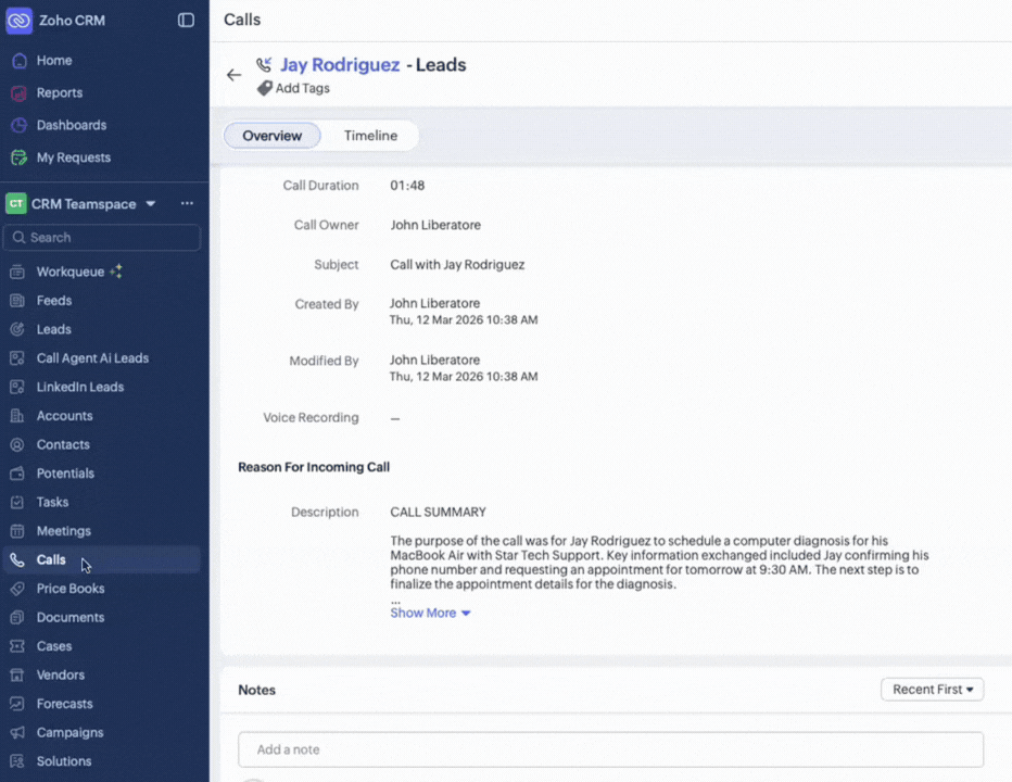 Call Ends → Notes Auto-Populate in Zoho