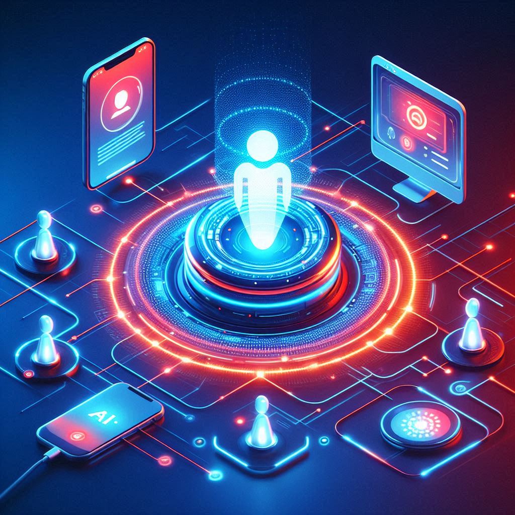Futuristic digital agency concept without people. A glowing AI-branded control hub at the center, connecting two major channels: a smartphone symbol (for calls) and a website browser window (for web chat). Vibrant blue and red color palette, clean modern tech aesthetic, abstract network lines showing connection. No humans, sleek flat-isometric style.
